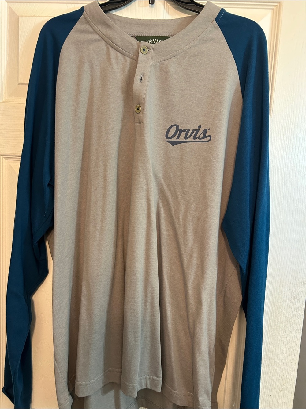 Orvis Long-Sleeve Henley with Teal Raglan Sleeves